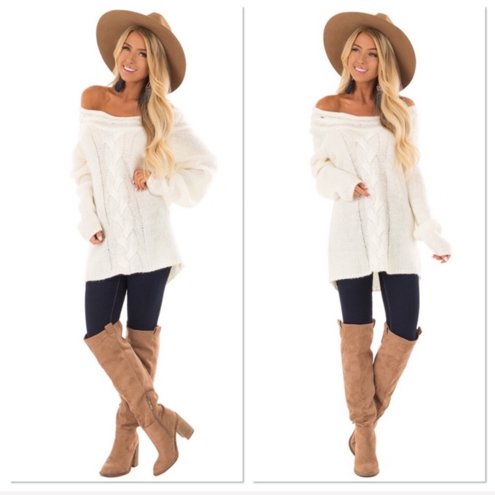 Cream Cable Knit Off The Shoulder Sweater - Picture 2 of 4